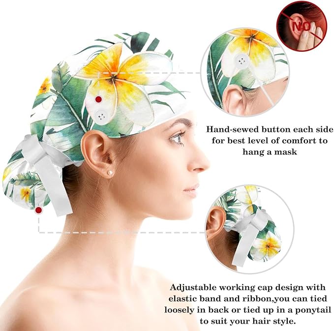 Ethnic Aztec Pattern Adjustable Scrub Cap Hat with Button, Working Hat Sweatband with Bow Hair Scrunchy for Woman