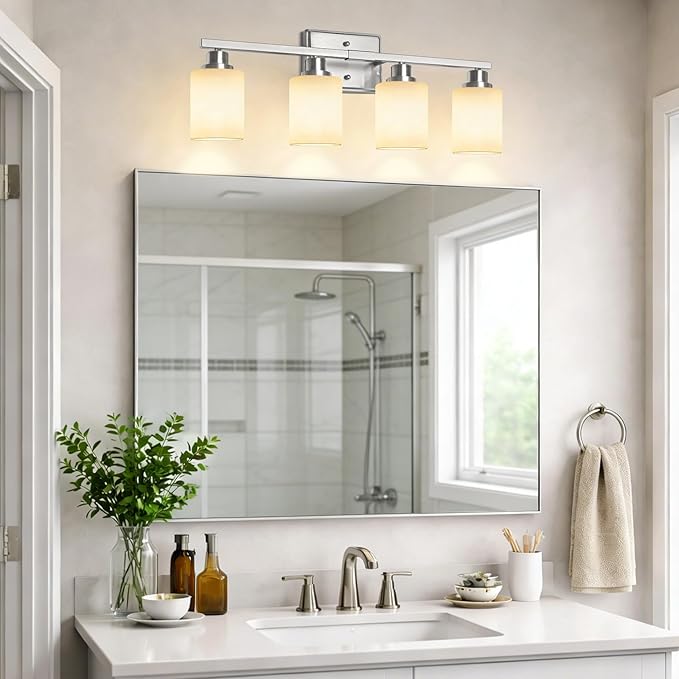 Unicozin 4-Light Bathroom Light Fixtures, Modern Brushed Nickel Vanity Light Over Mirror, Wall Sconces with Milky White Glass Shades for Living Room Bedroom Hallway E26 Base