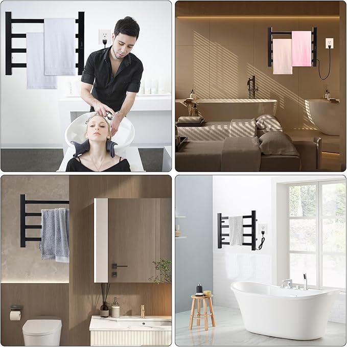 Towel Warmer Heated Towel Bar-Rack - Nopwer Bathroom Wall Mounted Electric Towel Drying Plug-in Matte Black 4 Bars