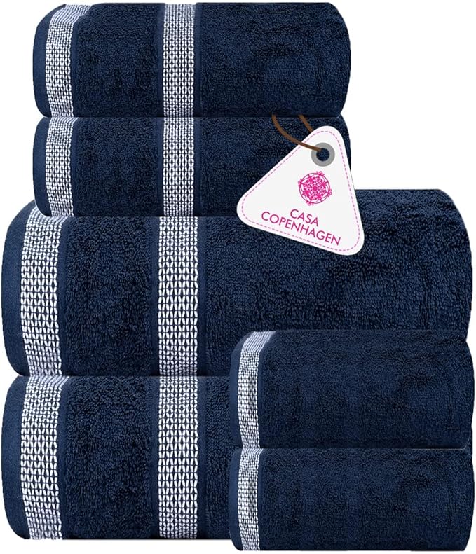 CASA COPENHAGEN Solitaire 6 Pieces Towel Set- Navy, 600 GSM 2 Bath Towel 2 Hand Towel 2 Washcloth, Designed in Denmark Made of Soft Egyptian Cotton for Bathroom, Kitchen & Shower