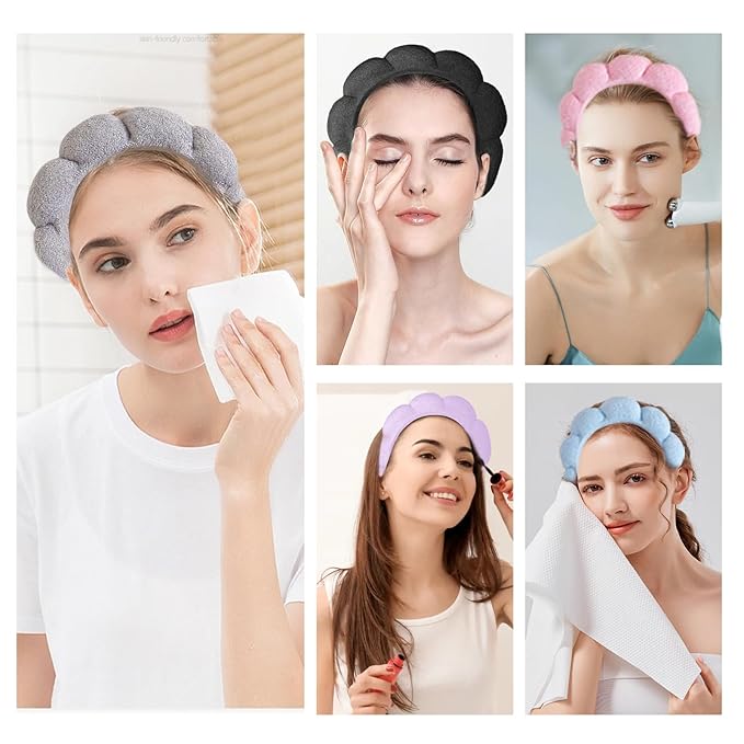 Beleki Spa Headband for Washing Face, Sponge Makeup Headband and Wristband Set Non Slip Skincare Headbands Soft Puffy Headwear Hair Accessories for Women Girls, Gray