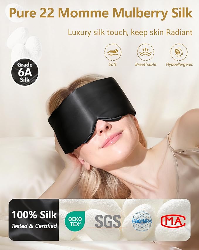BeeVines Pure Silk 3D Sleep Mask for Women & Men, Luxury 100% 22 Momme Mulberry Silk 3D Contoured Eye Mask for Lash Extensions, Zero Eye Pressure & Blackout for Sleeping, with Adjustable Band (Black)