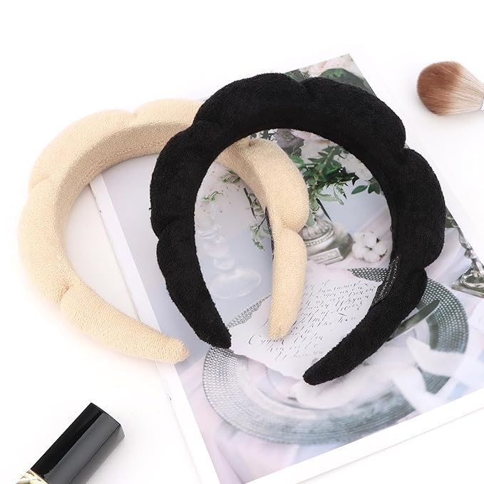CAVETEE Spa Headband for Face Washing - Terry Cloth Puffy Makeup Headband Set of 2 (Beige & Black, one size)