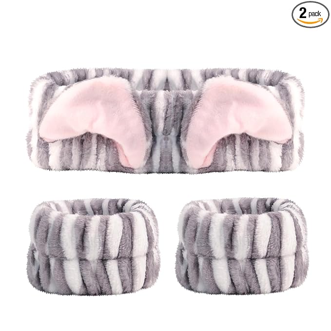 PERFECTSIGHT 2 Pack Cute Animal Headbands for Makeup Wash Shower Adjustable Elastic Hair Band for Girls and Women (Gray Cat Ear)
