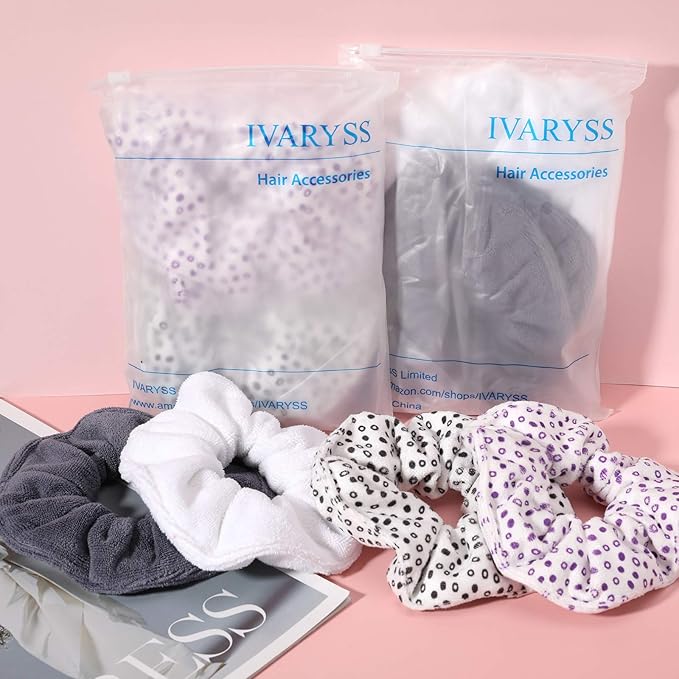 IVARYSS Super Towel Scrunchies for Drying Hair, Absorbent and Soft Microfiber for Frizz Free, Large Thick Ponytail Holder Wet Hair Accessories for Women and Girls, 4 PCS (White Grey)