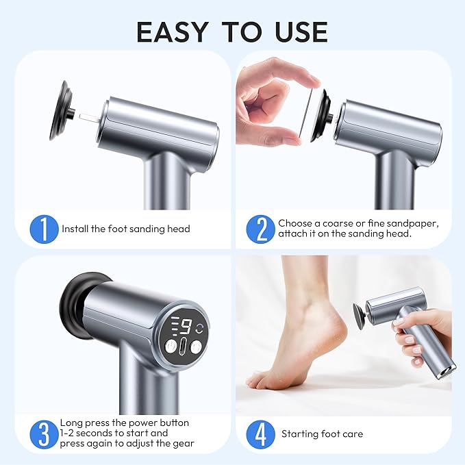 Electric Foot Callus Remover, 2-in-1 Rechargeable Portable Electric Foot File with 70pcs Sandpaper, Professional Pedicure Tools for Dead Skin, Hard Cracked, Dry Skin - Grey&Blue