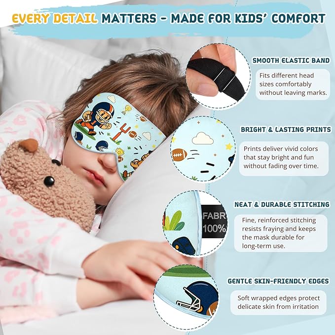 Kids Sleep Mask – 100% Mulberry Silk Eye Mask with Adjustable Strap, Soft Light Blocking Sleeping Mask for Children, Cute Printed Eye Cover for Boys Girls Ages 5-15 (Football Style)