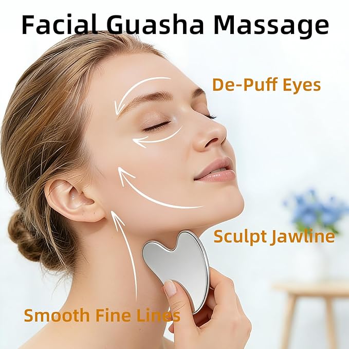 Stainless Steel Gua Sha & Lymphatic Contour Face Brush, Facial Brush for Jawline Shaper, Dry Brush For Face, Puffiness Reduction, Guasha tool for face