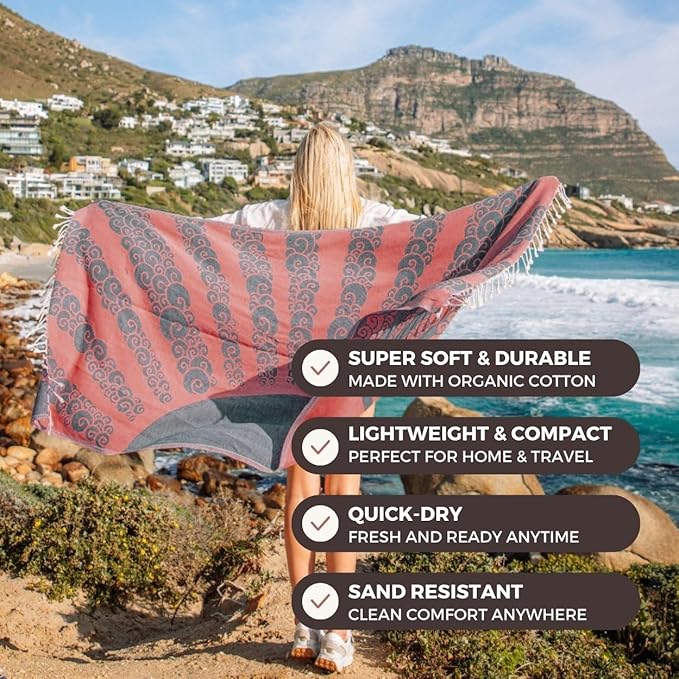 FESHKA Sand Free Turkish Beach Towel (37 x 67) Quick Dry Bath Towel, Oversized Beach Blanket, Lightweight for Travel - Made with 100% Organic Turkish Cotton - Golden Hour (Maroon/Dark Navy)