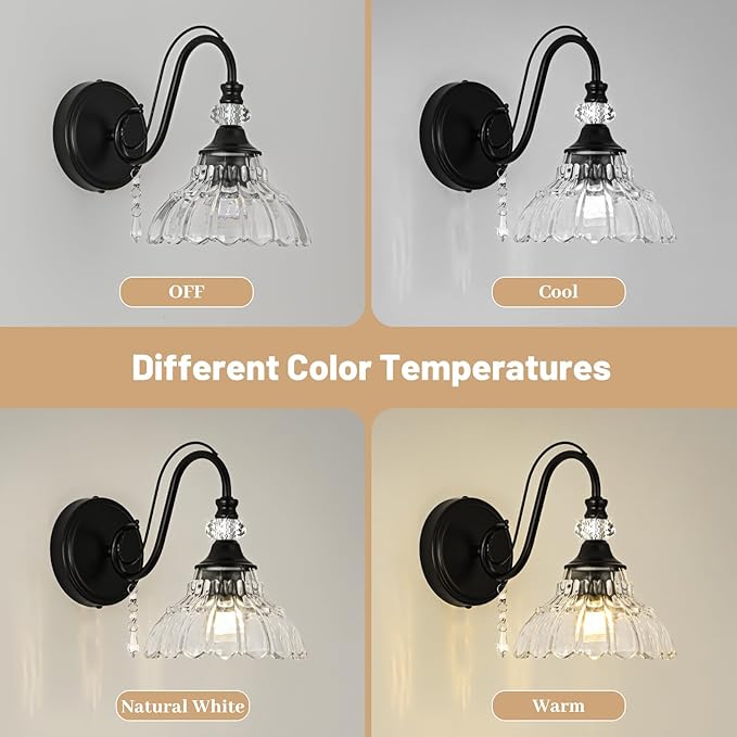1 Piece Black Wall Sconce, 1-Light Black Farmhouse Wall Sconce with Hanging Crystal Accents and Flower-Shaped Clear Shades for Bathroom Bedroom Living Room,Vintage Vanity Light