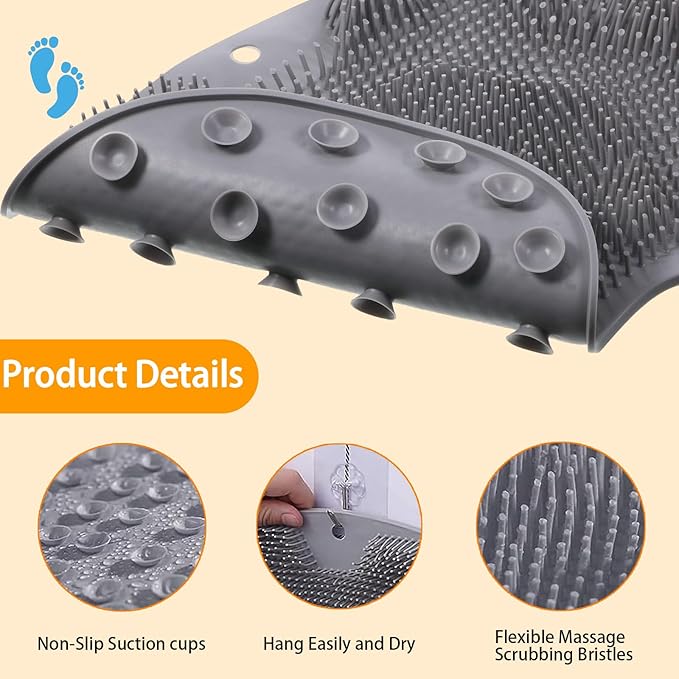 Shower Foot Scrubber, Wall Mounted Bath Massage Pad, Back Scrubber Back with Non Slip Suction Cups to Improve Circulation, Soothe Achy Feet (Grey)