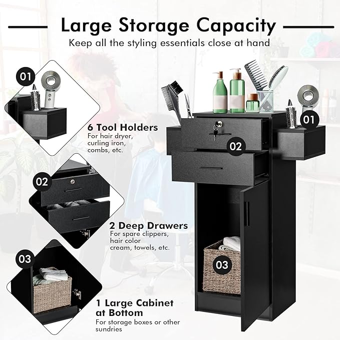 Giantex Salon Storage Cabinet, Locking Hair Styling Storage Organizer with 2 Drawers, 6 Hair Dryer Holders, Wooden Beauty Salon Spa Barber Station Hairdressing Equipment, Black (1)