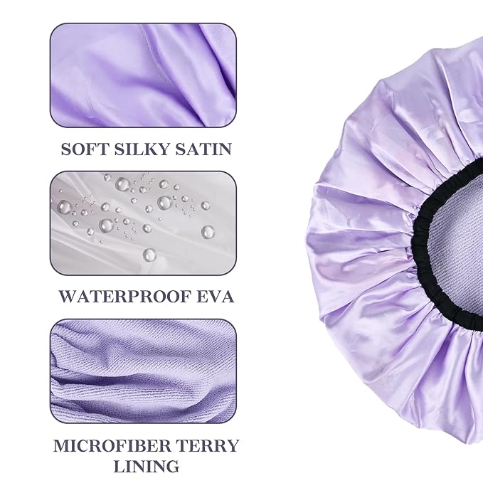 Three-Layer Terry Cloth Lined Satin Shower Cap, with Silk Hair Ties, Microfiber Waterproof Reusable Large Size Shower Cap for Women Long Thick Hair (Purple)
