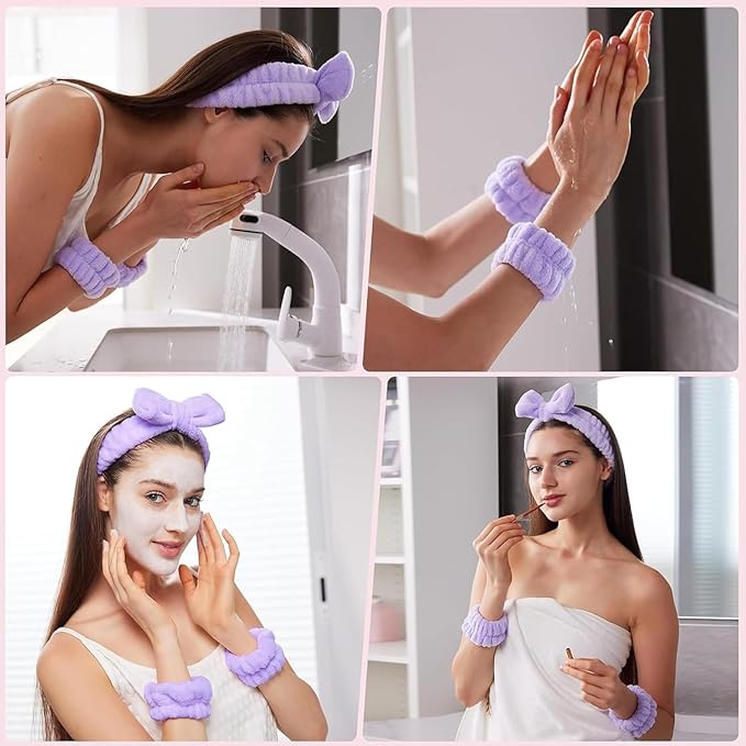 16pcs Skincare Headband Set, Headband Set for Face Washing Spa and Makeup, Including 1 Hairband, Wristband, 3 Hair Claw Clips and 10 Hair Ties, with Box, Gift for Women and Girls, Purple
