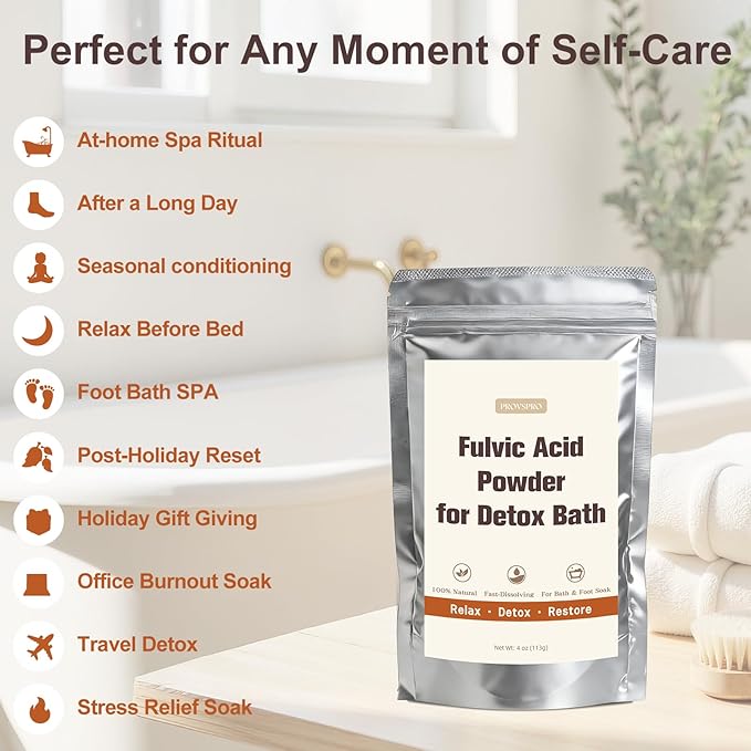Fulvic Acid Detox Bath Powder 4oz – Natural Mineral Bath Soak for Foot & Body, Vegan Self-Care Spa Gift, No Additives, Gentle on Skin, Fast Dissolving, Includes 5g Scoop, Easy to Use