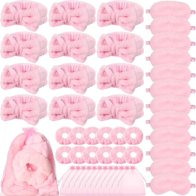 Mimorou 48 Pieces Spa Party Supplies Gift for Mother's Day 12 Spa Headband 12 Plush Sleep Eye Mask 12 Velvet Scrunchies 12 Organza Bags for Sleepover Slumber Party Graduation Gift(Pink)