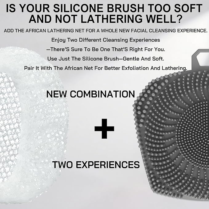 RamPula Face Scrubber & African Net, Silicone Exfoliating Brush for Men, Facial Cleansing Brush, Manual Waterproof Cleansing Skin Care, Blackhead Removing Pore Cleansing Massaging Face Brushes - Grey