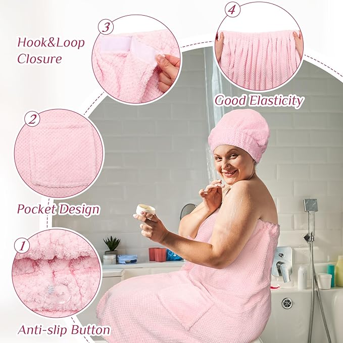 Tigeen Plus Size Towel Wrap for Women Spa Robe Set with Shower Hair Drying Turban Cap Towel Headband Adjustable Bathrobe