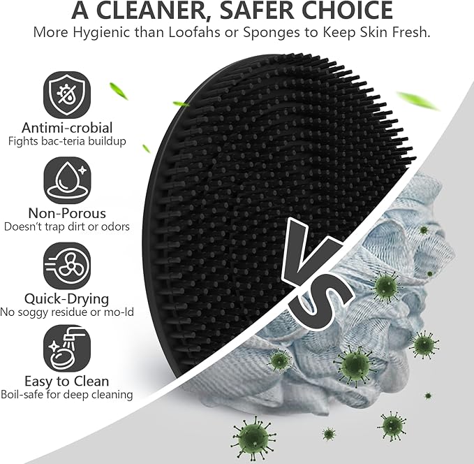 Silicone Body Scrubber with Scrub Net Set, BEAUTAIL 4 Pack for Rich Lather, Deep Cleansing, and Exfoliation – Durable, Easy to Clean, Gentle or Firmer Options – 2 Brushes (BK+BL), 2 Scrub Nets (GY+BL)