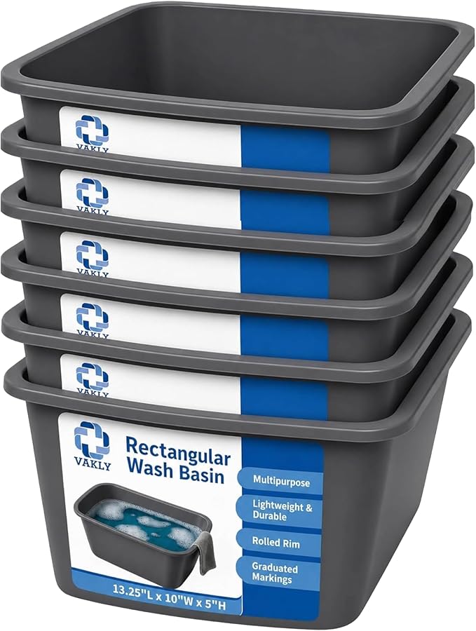 Vakly Wash Basins – Rectangular Plastic Hospital Bedside Soaking Tub - Small 7 Qt Graduated Bucket - Portable Washbasin for Washing, Cleaning, Foot Bath, Dishes, Face Cleansing Bowl (6)