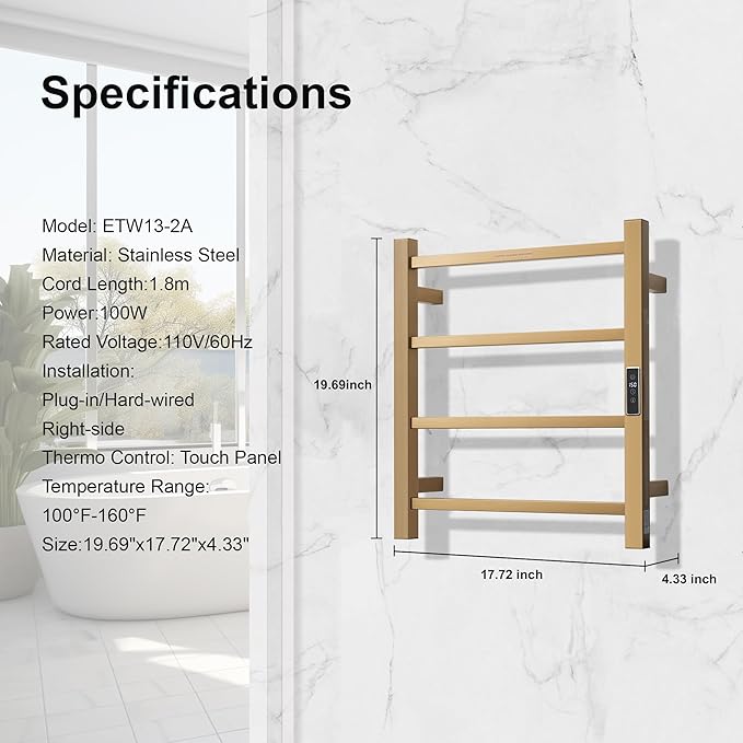 Electric Heated Towel Warmer - Wall Mounted Bathroom Towel Rack, Plug-in Design & Gold Brushed Stainless Steel Finish Gold with Timer & Temperature Control, 4 Bar