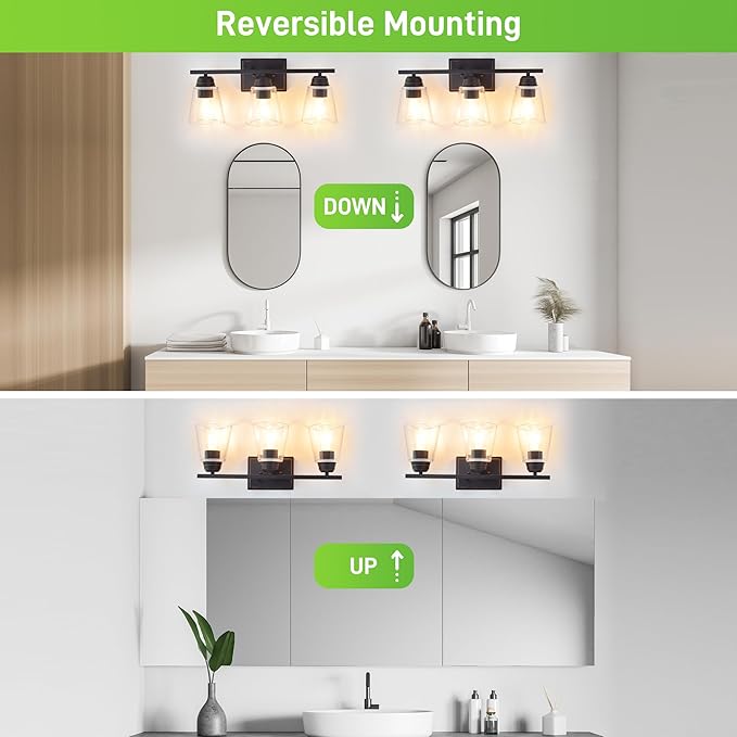 hykolity 3-Light Bathroom Vanity Light, 5-Piece All-in-One Bathroom Set, 20 Inch Modern Wall Lamp, Oil Rubbed Bronze Wall Sconce with Clear Glass Shade, Wall Lights for Bedroom, Living Room, Mirror