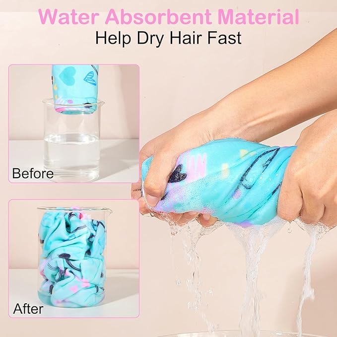 Basumee Microfiber Hair Towel Wrap for Kids 2 Pack Rapid Drying Hair Towel with Button Hair Turbans for Wet Hair Wraps Head Towel Wrap for Women and Girls, Blue