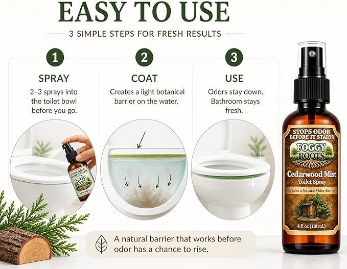 Cedarwood Pre-Poop Toilet Spray – Stops Odor Before It Starts, Bathroom Odor Eliminator, 4 oz (200+ Uses), Travel, Home & Work