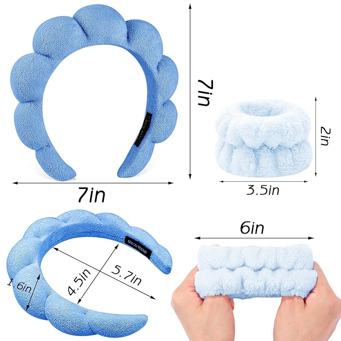 Zkptops 6Pcs Spa Headband for Washing Face Wristbands Set Women Bubble Makeup Sponge Terry Cloth Padded Puffy Skincare Headband Bow Tie Hairband Cute Non Slip Thick Hair Accessory Gifts (Dark Blue)