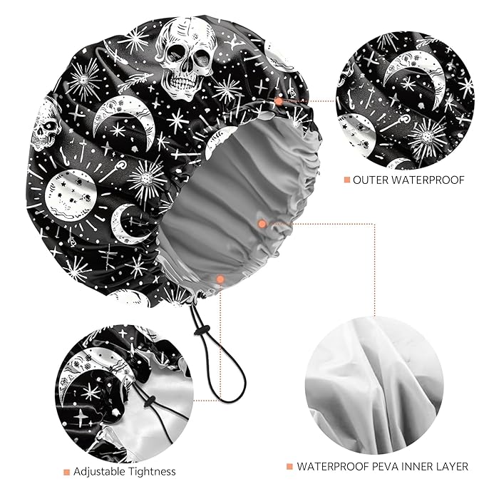 Shower Cap Reusable Double Layer Adjustable Elastic Waterproof EVA Hair Bath Caps for Women Girls Cute Aesthetic-Skull