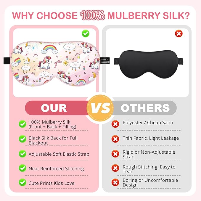 Kids Silk Sleep Mask: 100% Mulberry Silk Eye Mask with Adjustable Strap, Cute Sleeping Blindfold for Boys Girls Teens, Soft & Lightweight Eye Shade for Travel, Nap, Bedtime (Pink Horse Style)