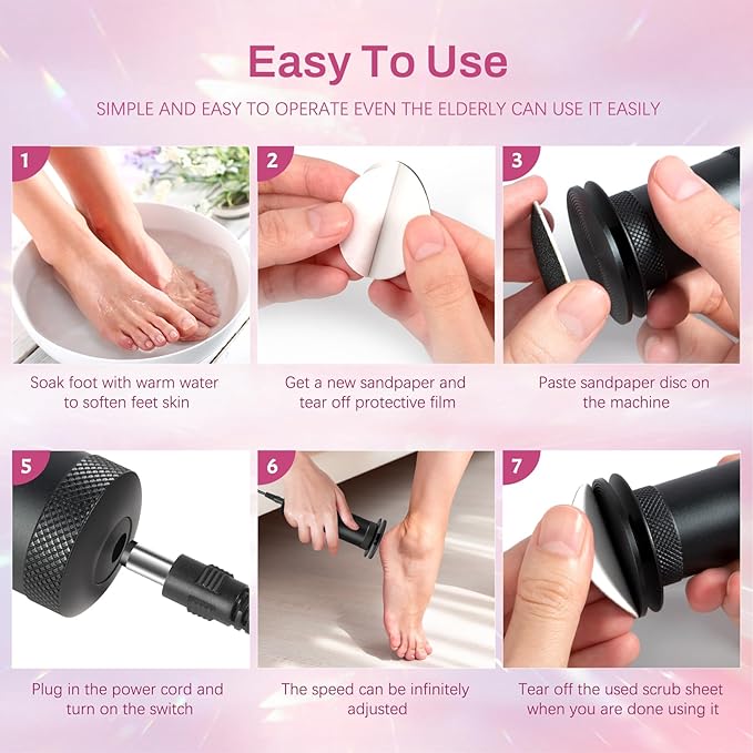 Krofaue Electric Foot Callus Remover for Women - 1200rpm Electric Foot File Callus Remover with Anti-Slip Stripes, 60pcs Sandpaper Discs Adjustable Speed Foot Sander for Dead Skin Womens(Black)
