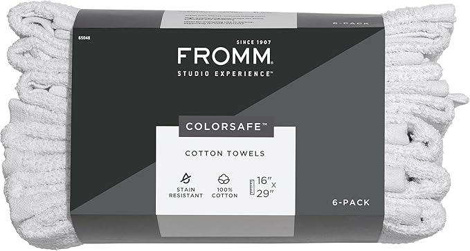 Fromm ColorSafe 100% Cotton Bleach Proof Salon Hair Towels for Hairstylists, Barbers, & Spa, 16" by 29", Absorbent Stain Resistant Towels for Drying All Hair Types, Color Safe Towels, White 6-Pack