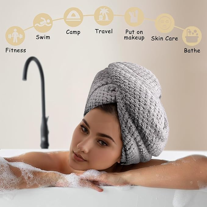 3 Pack Microfiber Hair Towel Wrap for Women, Fast Drying Hair Turban with Button, Anti-Frizz Large Hair Towel for All Hair Styles, Soft & Absorbent Hair Drying Towel(White,Khaki,Grey)