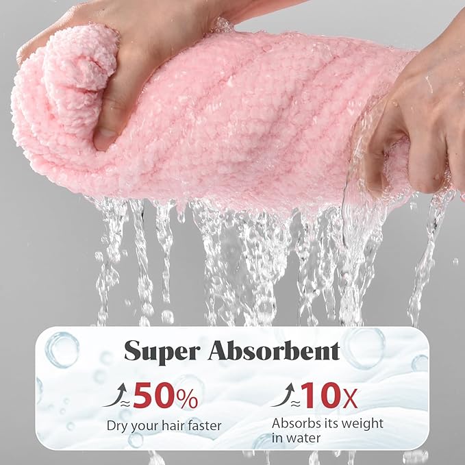 MABAO Microfiber Hair Towel Wrap for Women, Quick Dry Hair Turban Towel with Elastic Band, Microfiber Plopping Towel for Curly Hair, Stocking Stuffers for Women (Pink)