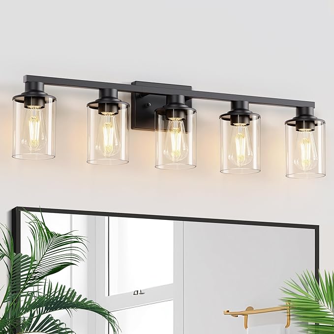 L LOHAS LED 5-Light Bathroom Light Fixtures Over Mirror, Black Bathroom Vanity Lights with Clear Glass Shade, Modern Vanity Lights for Bathroom Living Room Hallway Bedroom