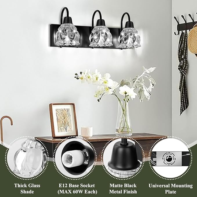 3-Light Bathroom Light Fixtures, Black Modern Bathroom Vanity Lights with Flower Glass Shade, Bathroom Wall Lamp for Mirror Bedroom Kitchen Living Room Hallway Cabinet Porch, E12 Bulbs Needed