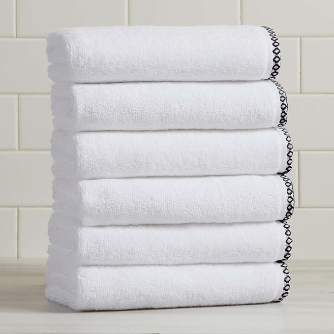 Great Bay Home Black/White Hand Towel Set - Ultra-Soft Cotton, Boho-Chic Border Design - 6 Hand Towels (28" x 16") - Absorbent, Quick-Dry, Lightweight Bathroom Towels