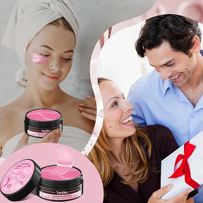 Pink Eye Mask 60Pcs, 5 Portable 24K Gold Collagen Under Eye Patches, 30 Pairs Hydrating Undereye Gel Pads for Women Men Dark Circles Puffy Eyes Puffiness Wrinkle Eye Bag Treatment