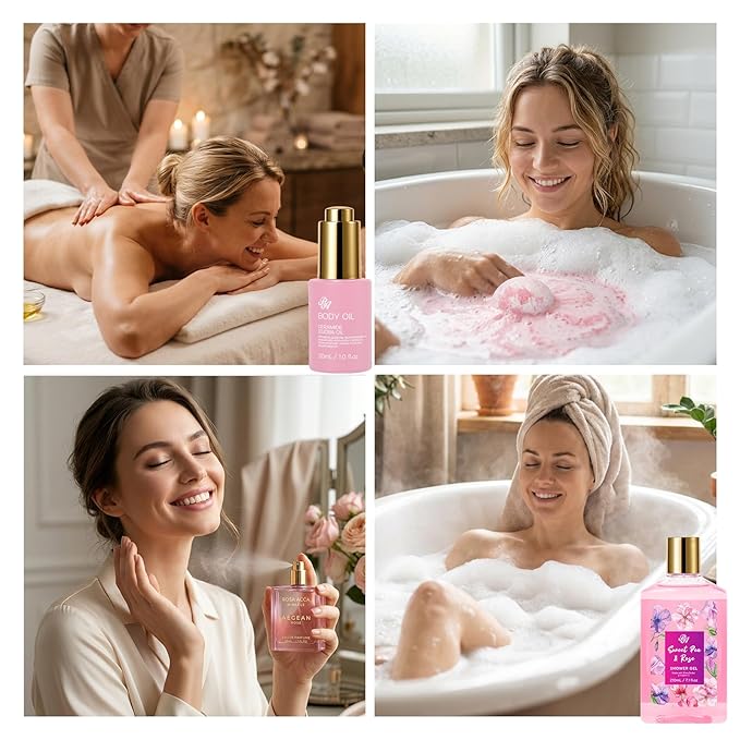 32 Pcs Mother's Day Gift, Rose Bath and Body Gift Basket for Women, Hydrating Facial Skin Care Set, Self Care Pampering Kit, Women Home Spa Basket Set, Birthday, Anniversary, Wife
