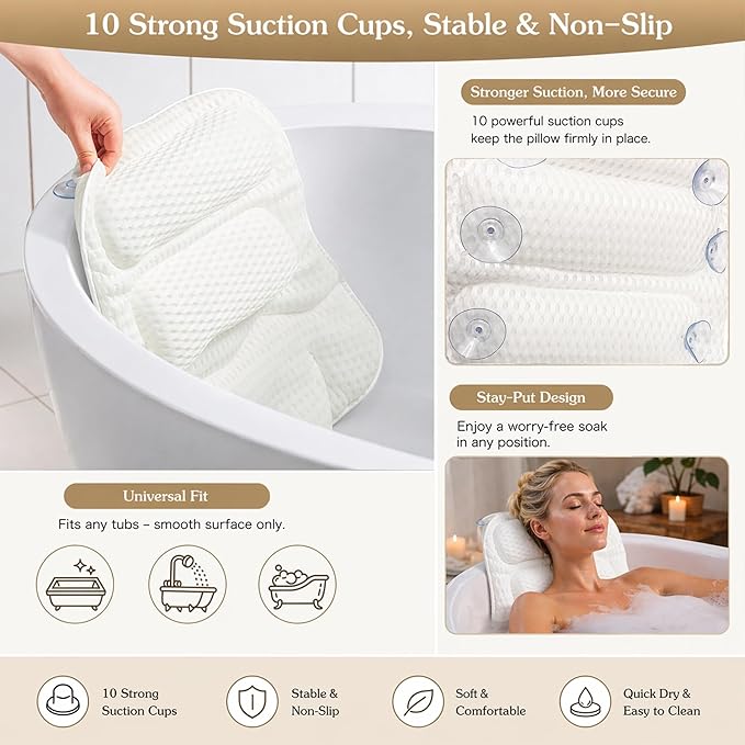 Luxury Bath Pillow for Tub, with 10 Strong Suction Cups, Non-Slip Bathtub Pillow for Head Neck & Back Support, Extra Large 21” Spa Bath Pillow, 4D Air Mesh Quick-Dry, Gift for Women(White)