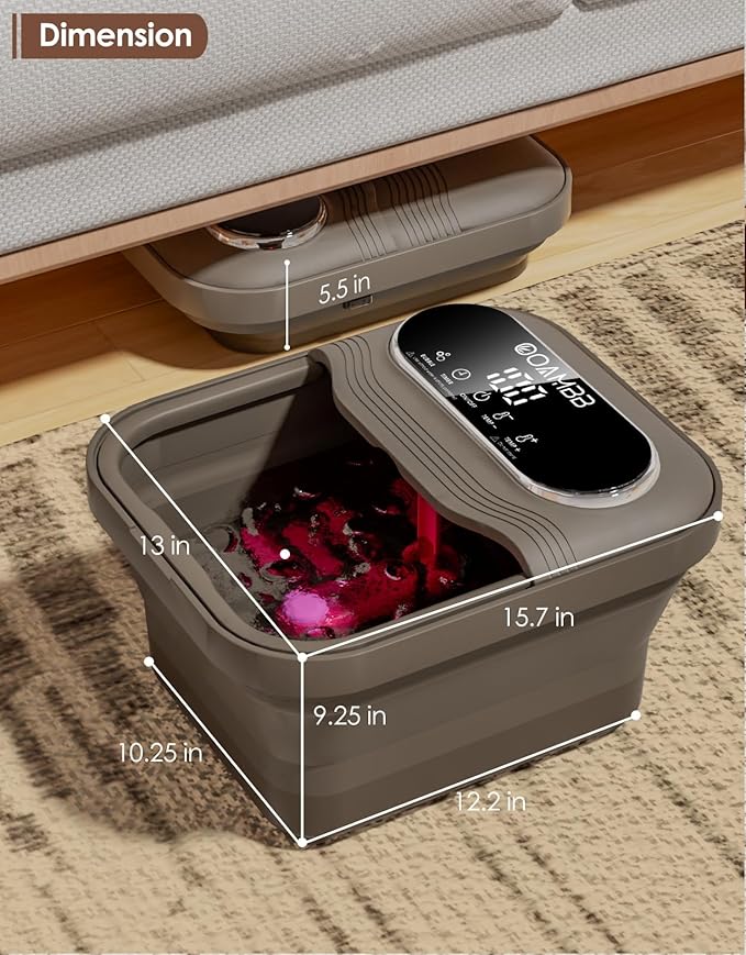 OOAMBB Collapsible Foot Spa with Heat, Bubble and Temp Control, Foot Bath Massager with XL Touch Screen and Massage Rollers, Foot Soaking Tub, Pedicure Foot spa for Stress Relief (Grey)