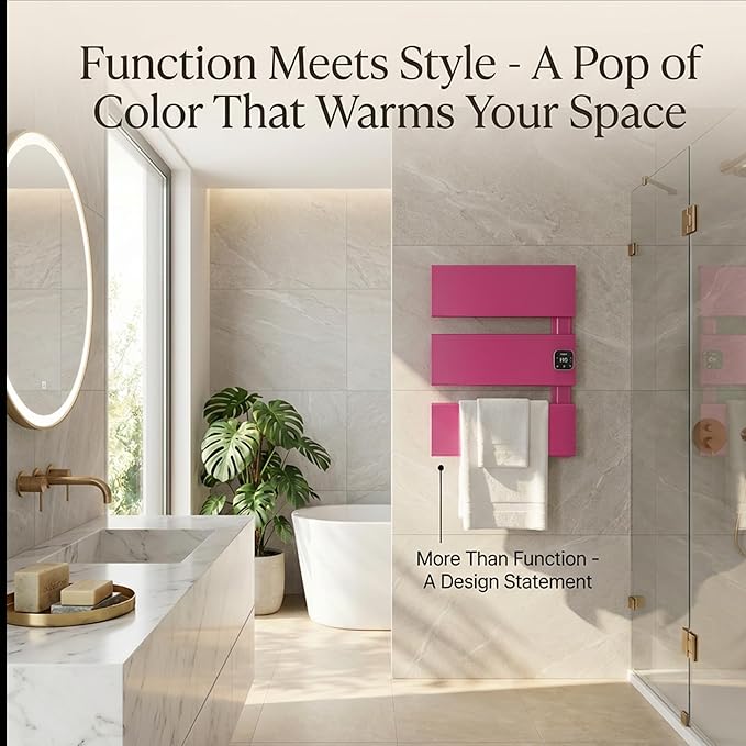Electric Towel Warmer, Heated Towel Rack with Thermo Control and Timer, Fast Heating Towel Rail for Bathroom with Memroy Function, Work with Smart Plug, Right-Wiring, 3 Panel, Pink
