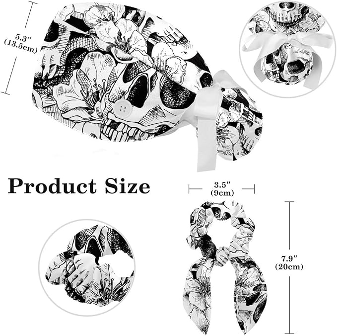 Ethnic Aztec Pattern Adjustable Scrub Cap Hat with Button, Working Hat Sweatband with Bow Hair Scrunchy for Woman
