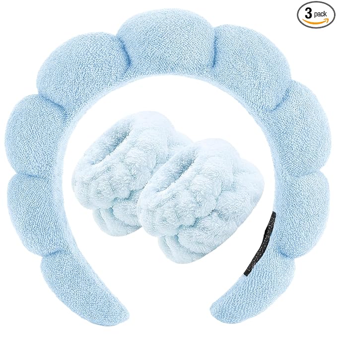 Zkptops Spa Headband for Washing Face Wristband Set Sponge Makeup Skin Care Terry Cloth Bubble Soft Get Ready Light Blue Hairband Women Girls Puffy Padded Headwear Non Slip Thick Hair Accessory