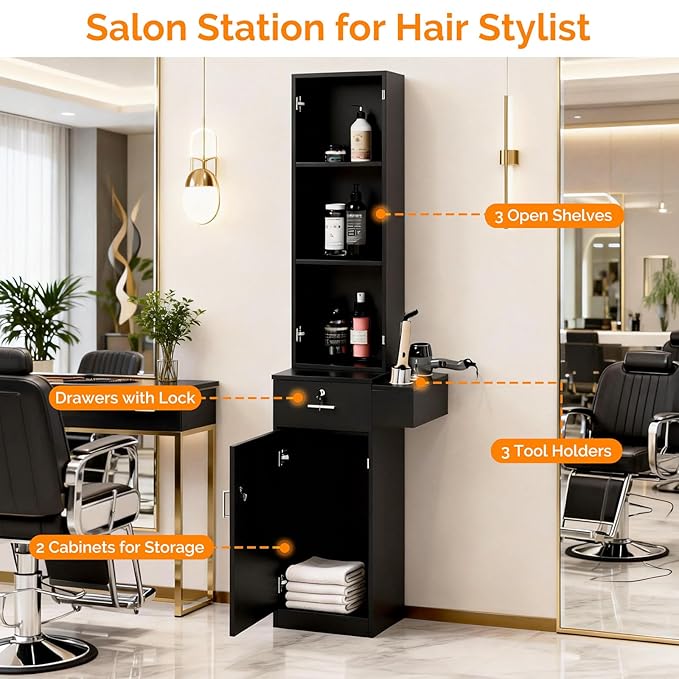 mefeir Salon Station, Barber Hair Stylist Storage Cabinet with Lockable Drawer, 5 Compartments & Shelf, Durable MDF, Organizer Equipment for Beauty Salon, Barbershop, Upgrade Black