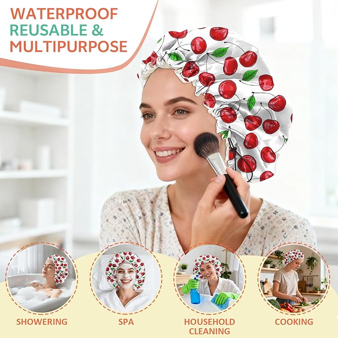 Shower Cap Reusable Double Layer Adjustable Elastic Waterproof EVA Hair Bath Caps for Women Girls Cute Aesthetic-Cherry