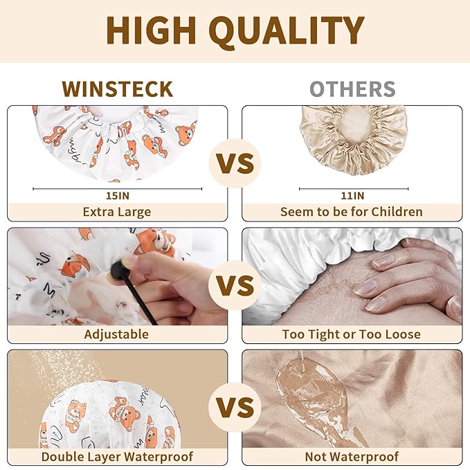3 PCS Shower Caps for Women, Upgrade Comfortable & Extra Large & Double Layers Waterproof Bath Cap, Oversized Designed Adjustable Hem Hair Cap for All Hair Lengths/Style