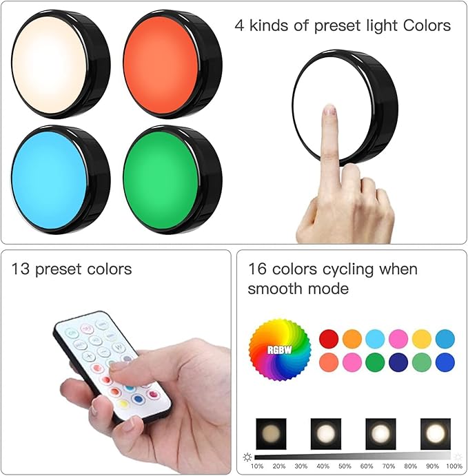 HELPLEX LED Puck Lights with Remote, 6 Pack Color Changing RGBW, Battery Powered, Dimmable Under Cabinet Lighting with Timer & Memory, Wireless Stick-On Lights, Black