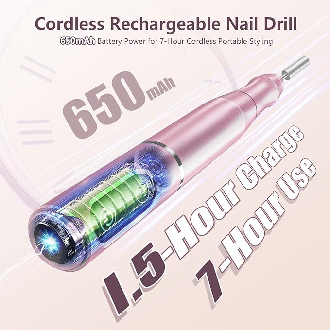 TUOBEO Cordless Nail Drill Electric Rechargeable File Kit, Professional Efile Acrylic Gel Nail Polish Remover Pedicure Manicure Machine Portable Set with 11 Bits 56 Sanding Bands for Salon Home Pink